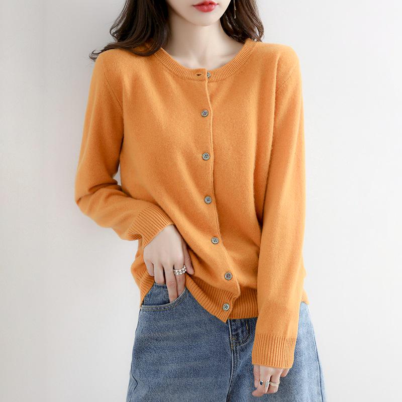 2023 Autumn/Winter Women's Korean-Style Camel Cardigan, Round Neck, Single-Breasted Knit Sweater.