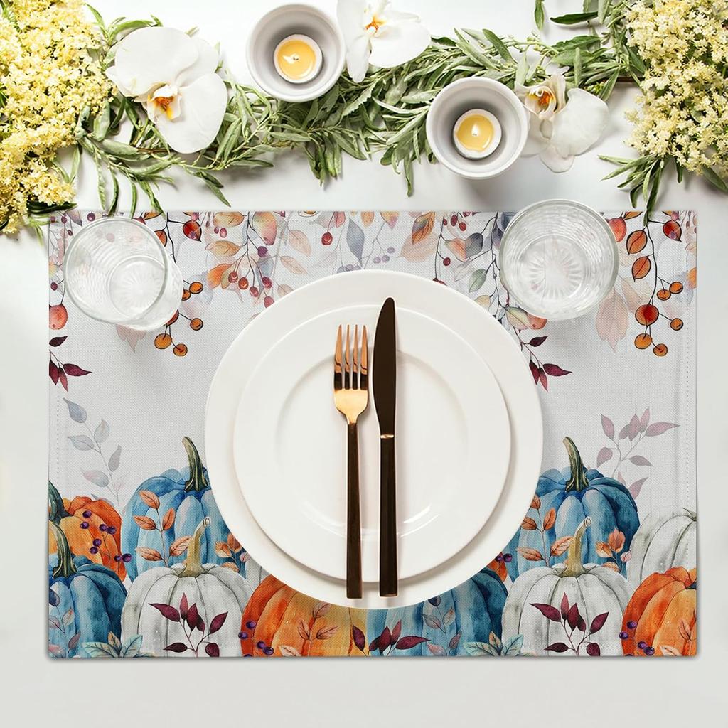 Fall Pumpkins Maple Leaf Placemats Party Decor Washable Thanksgiving Autumn Harvest Kitchen Dining Table Mats Autumn Decorations