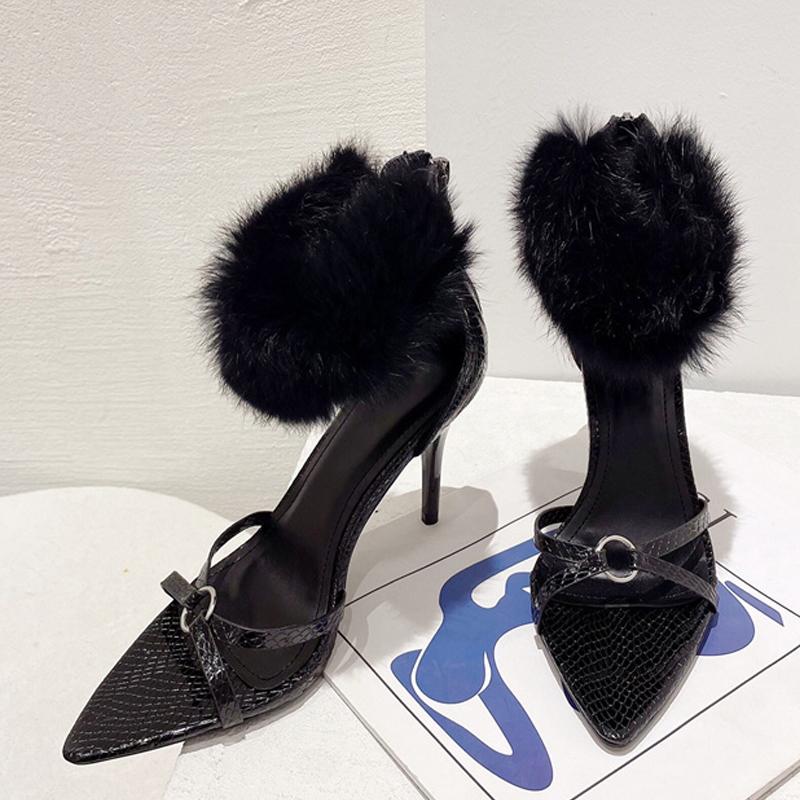 Modă Nouă Sandale cu Blană Artificială cu Curea pe Gleznă Femei Negru Imprimeu Șarpe Piele Vârf Ascuțit Tocuri de Stripper Pantofi Sandalias Mujer