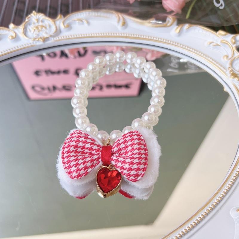 New‑Year Festive Elastic Soft Bow Pet Necklace Pearl Decor Collar for Cats Dogs