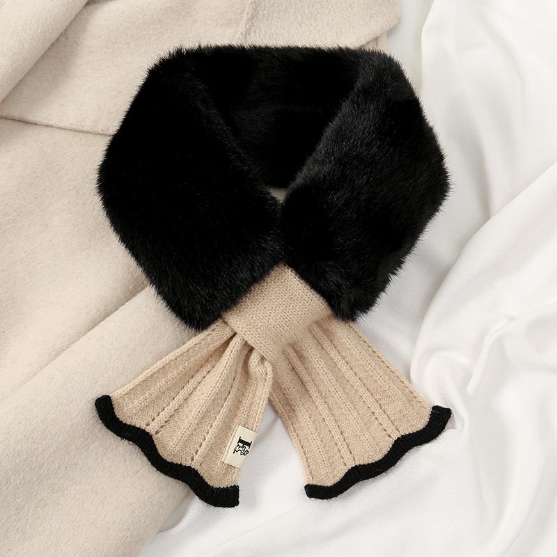 Winter Scarf Women Warm Thicken Solid Color Faux Rabbit Fur Plush Cross Collar Shawl Elegant Warm Soft Comfortable Scarf