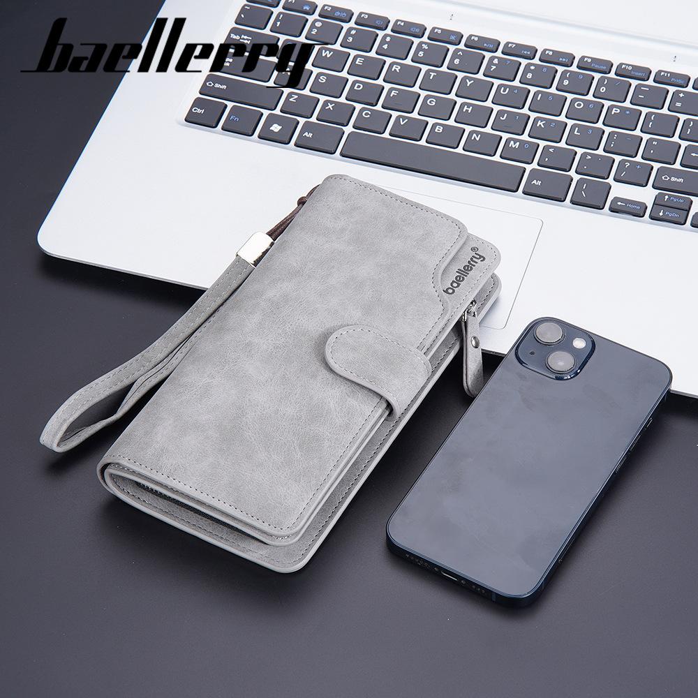 Baellerry Men's Fashion Long Wallet Matte Cell Phone Bag Clutch Bag with Wrist Strap Multi-card Slot Card Holder Zipper Coin Purse Vintage Billfold