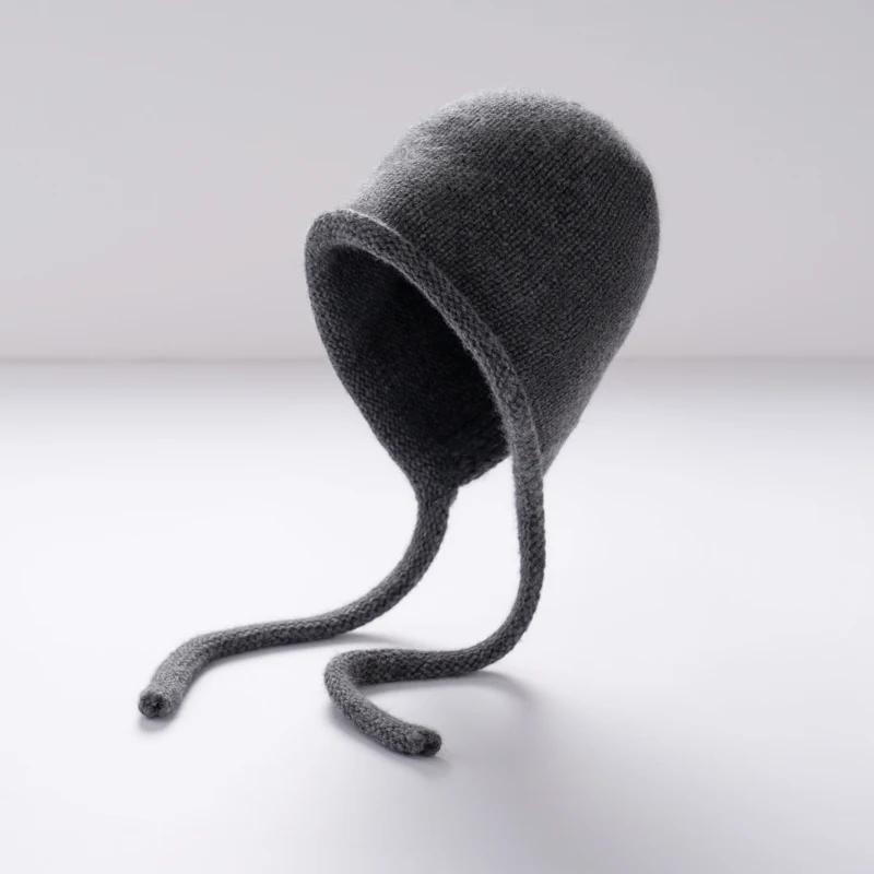 Women's 100% Cashmere Thick Ear-Protective Cap Solid Color Knitted Warmth Winter Pullover Wool Laced Rolled-Up Sling Hats