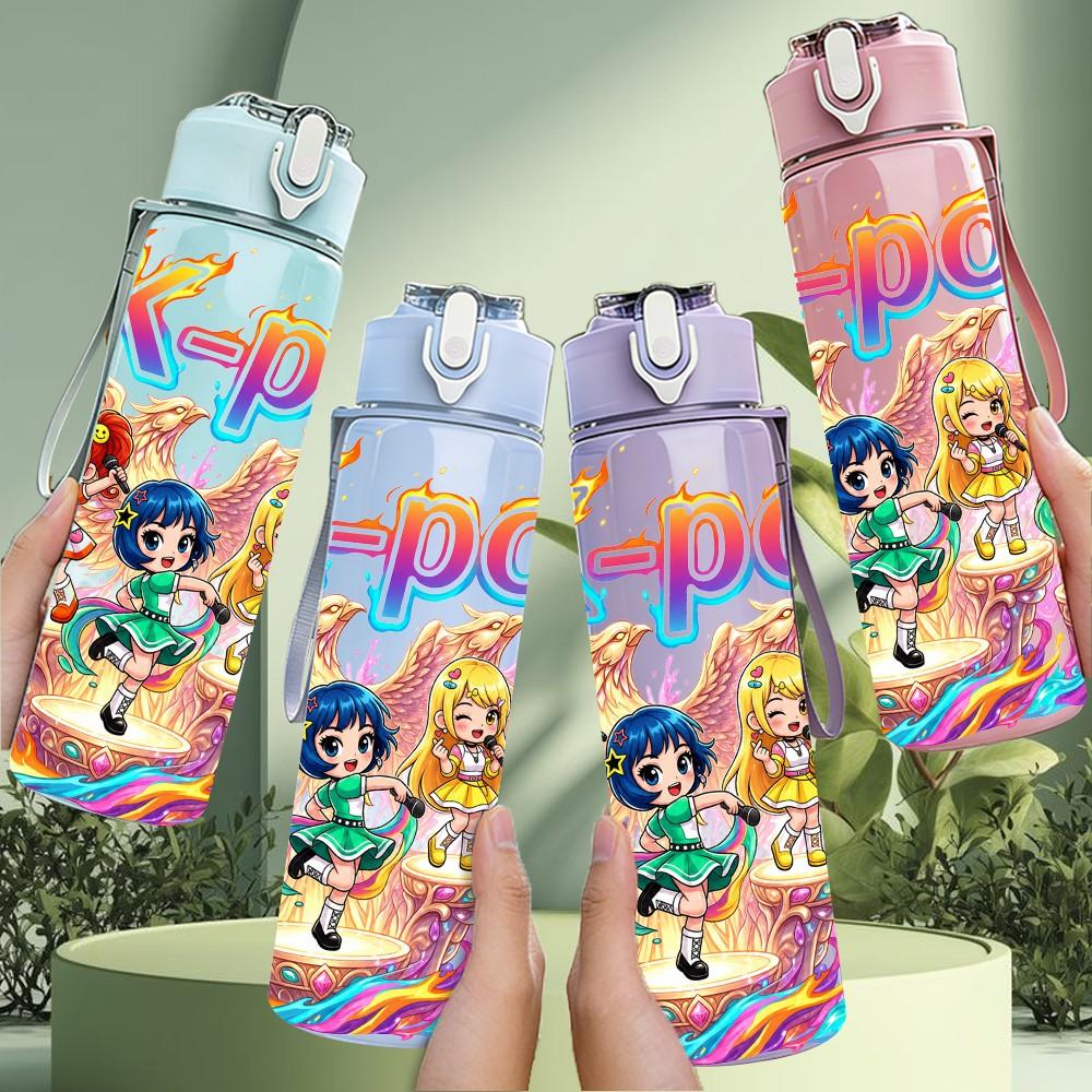 1PC Kpop Pastel Girls Cartoon Pattern 750ml Color Plastic Sports Water Bottle Leakproof Flip Straw Lid Suitable for Sports Office Home Use
