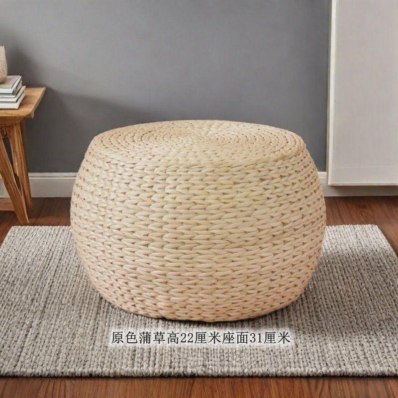 Round Rattan Ottoman Seat Cushion Handmade, Tatami Footstool, Tea Table Stool for Living Room, Low Height Chair