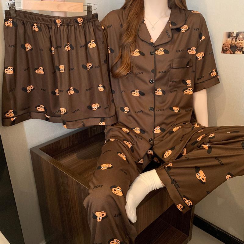 Coffee Puppy Style Premium Pajamas Women'S Summer Homewear Casual Comfort Short Sleeve Three-Piece Set