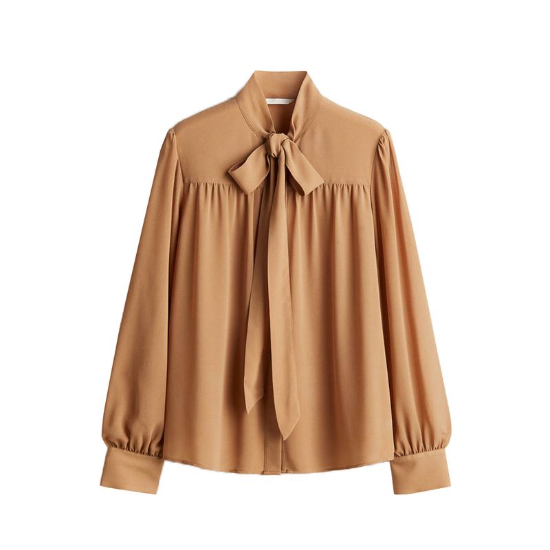 

New Fall Women s Clothing Lantern Long Sleeve Fashion Casual Easiest for Match Bow Collar Chiffon Tops 1304752 Dark beige L