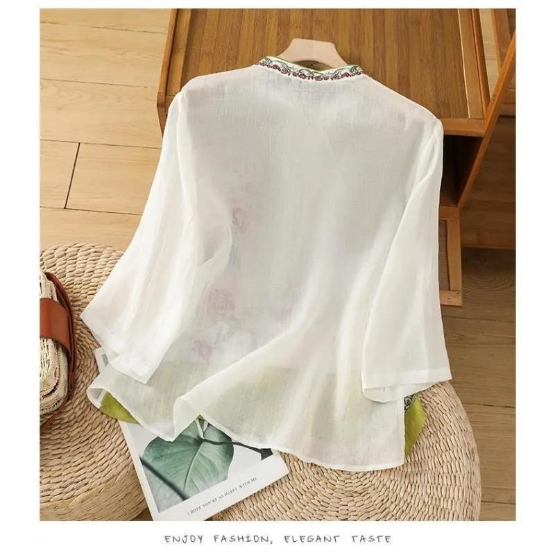 Chinese Style Slanted Collar Cheongsam Shirt Ummer Linen Retro Style Embroidered Literary Flair