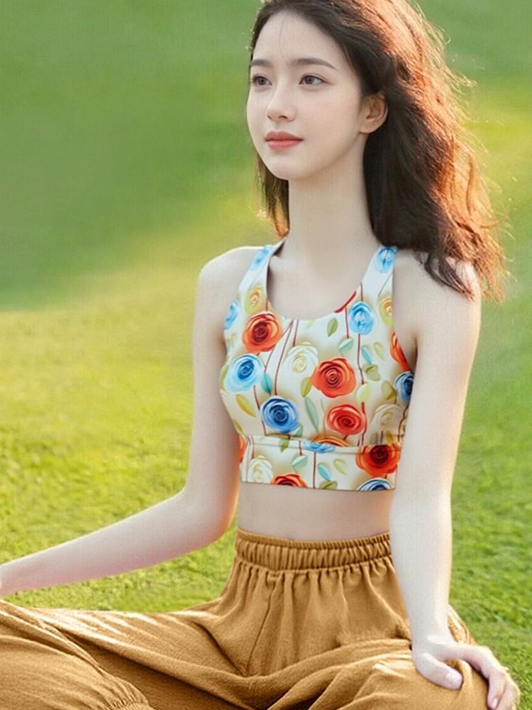 2026 Women s Chinese Style Print Yoga Tank Top with Chest Pad for Pilates & Fitness M