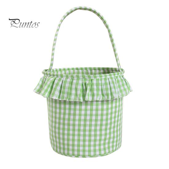Easter Egg Hunt Carriers Halloween Basket, Plaid Ruffle Trick or Treat Candy Bucket with Handle Celebration Accessories for Kids, Reusable Gingham