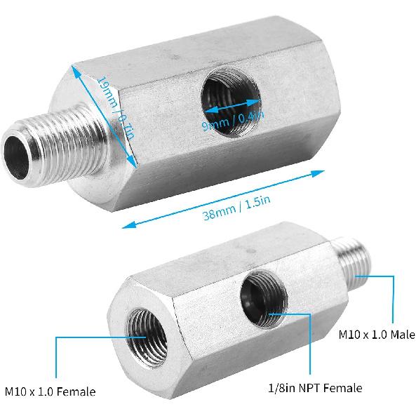 M10 Oil Pressure Sensor Tee Adapter,Male to Female1/8in to M10x1.0 with 1/8 NPT Side Port Stainless Steel Hose T Fittings Turbo Supply Feed Line