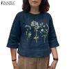 ZANZEA Women Casual Round Neck 3/4 Sleeve Loose Embroidery Blouse