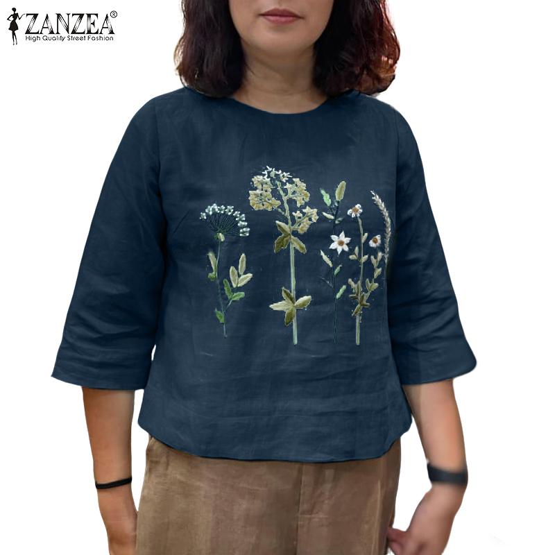 ZANZEA Women Casual Round Neck 3/4 Sleeve Loose Embroidery Blouse