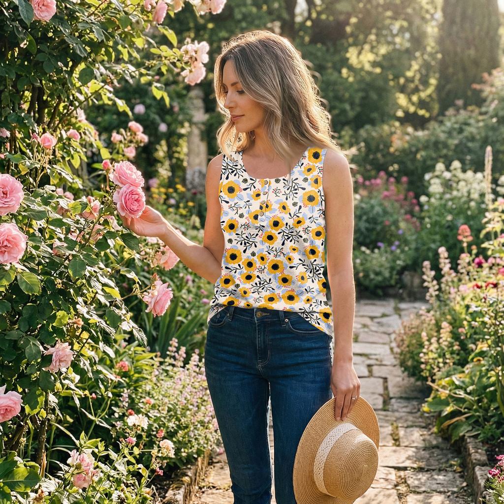 Sleeveless Floral Print Tank Top Casual Round Neck Button Relaxed Fit Lightweight Women’s Shirt
