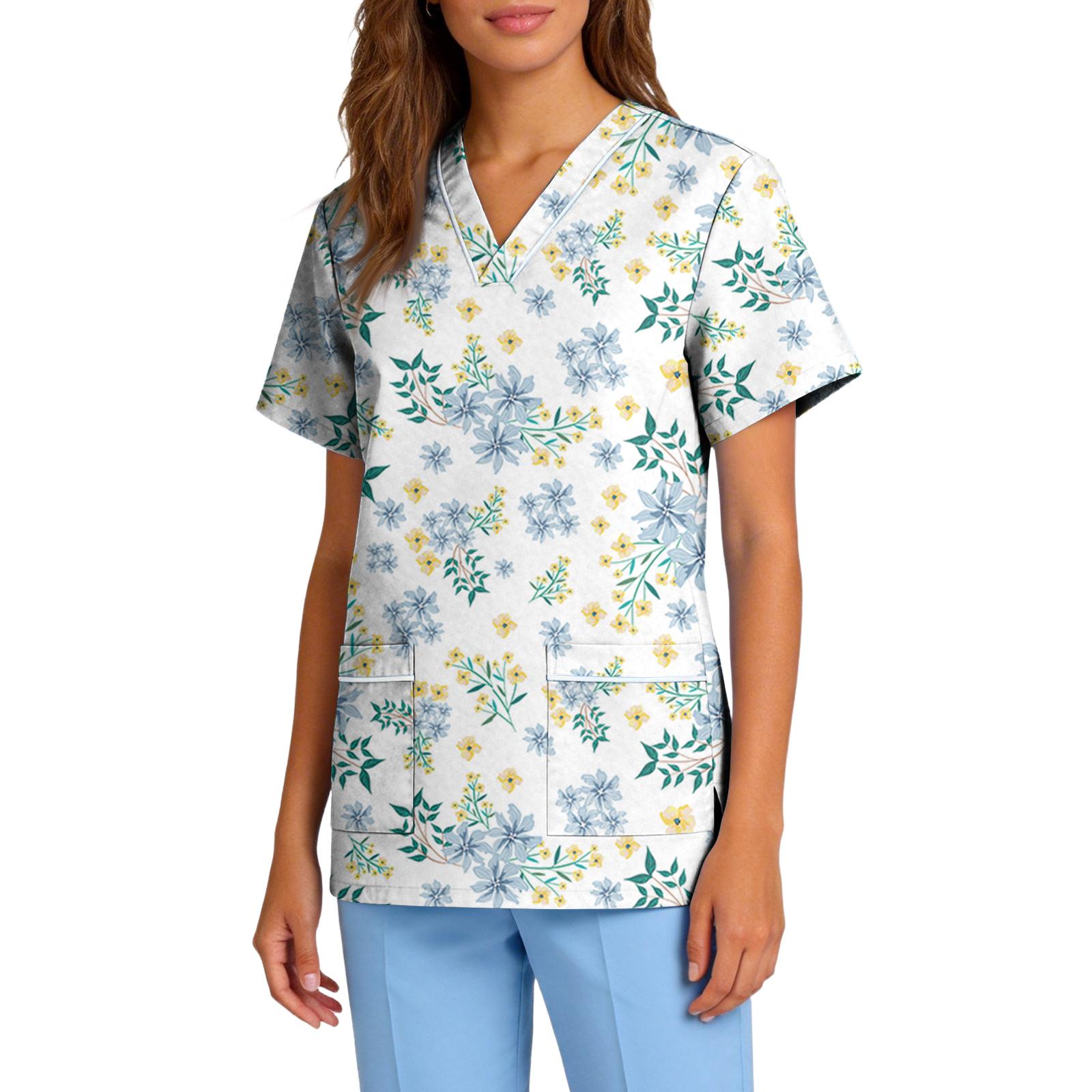 

Women V Neck Short Sleeve Stretch Scrub Top with Pockets Floral Print Medical Uniform Workwear for Healthcare Professionals M