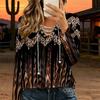 Women Plus Size White Base Blue Leopard Print Lace Up V Neck Long Sleeve Casual Blouse