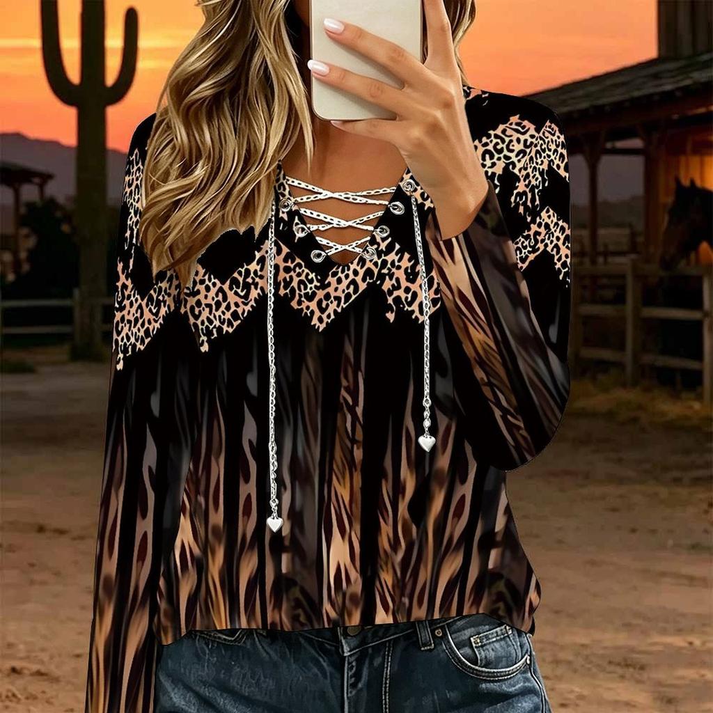 Women Plus Size White Base Blue Leopard Print Lace Up V Neck Long Sleeve Casual Blouse