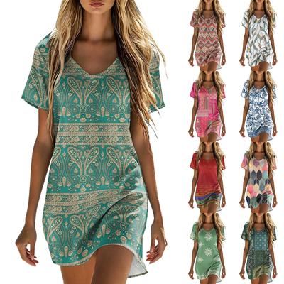 Women's Casual V Neck Short Sleeve Dress Vintage Printed Summer Loose Fit Lightweight Soft Fabric Comfortable Wear
