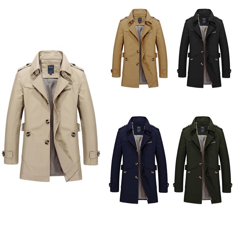 Spring New Men's Windbreaker Fashion Solid Color Long Jacket Coat Casual Loose Button Lapel Long Sleeve Office Commuter Coat