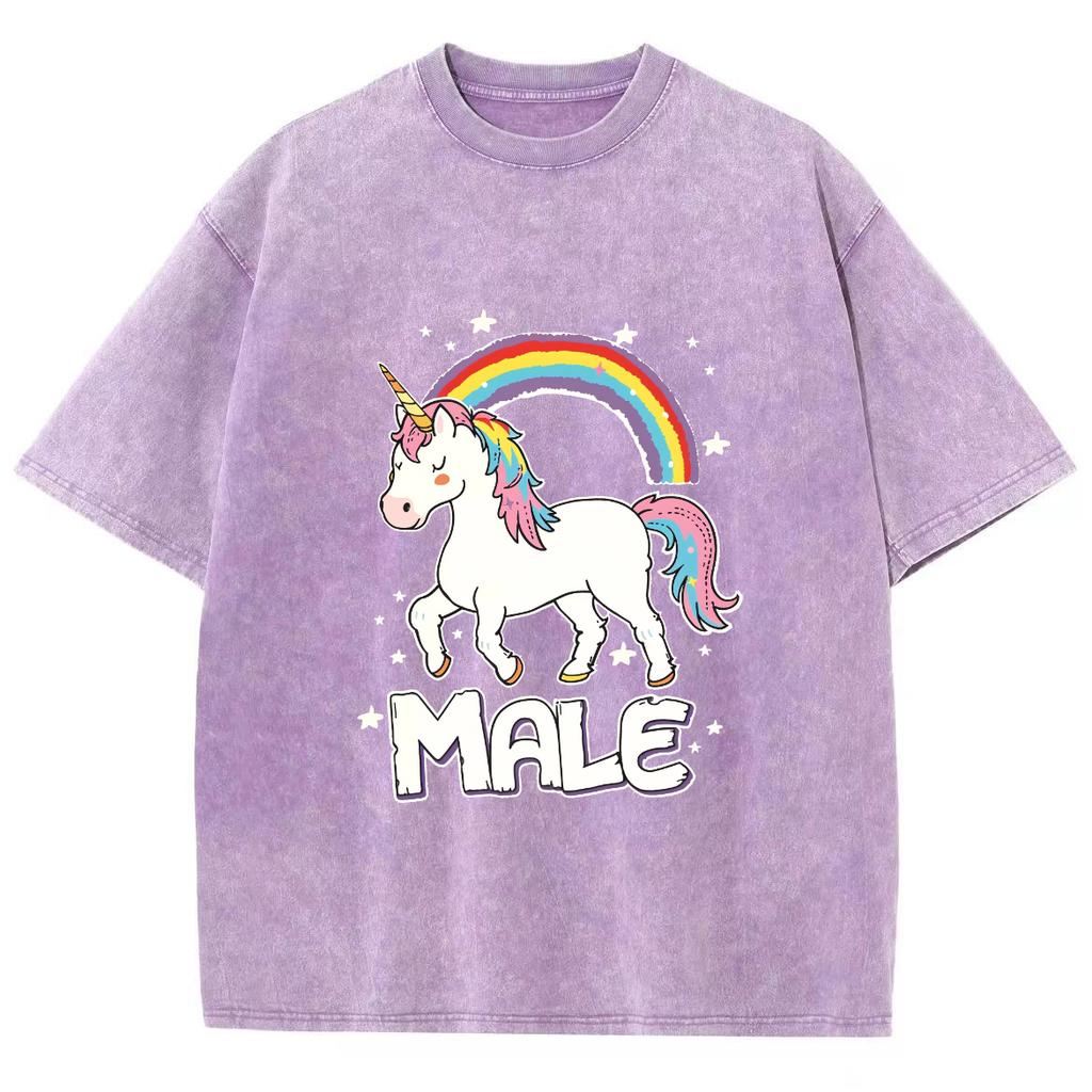 Letnia Koszulka Damska Bawełniana Zmywana Z Nadrukiem Tęczowego Jednorożca Oversize Luźna Krótki Rękaw Urocza Modna Wysokiej Jakości Góra