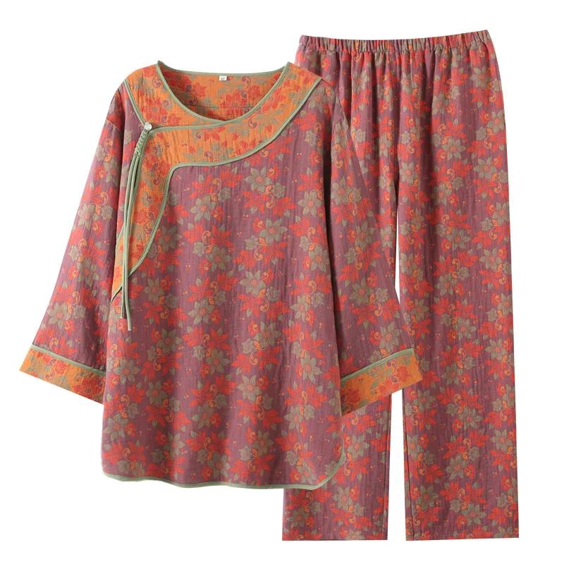Chinese Style Loungewear Cotton Double Gauze Autumn Pajamas for Women Long Sleeve Pants Round Neck Pijamas 2 Piece Sets