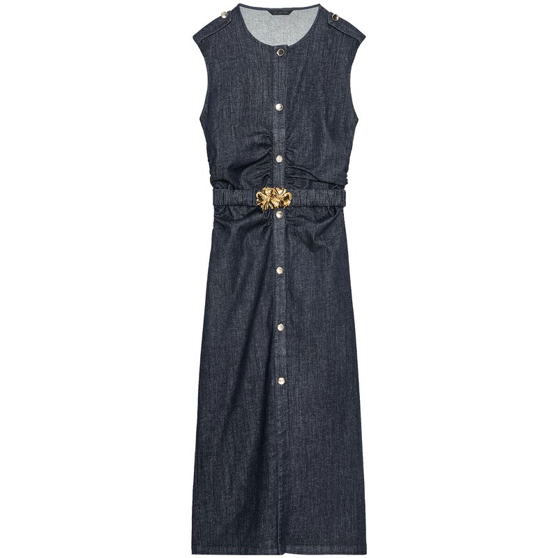 Zaprha 2025 New Arrival Retro Casual with Belt Ruched Denim Midi Skirt Dress Waist 3394576