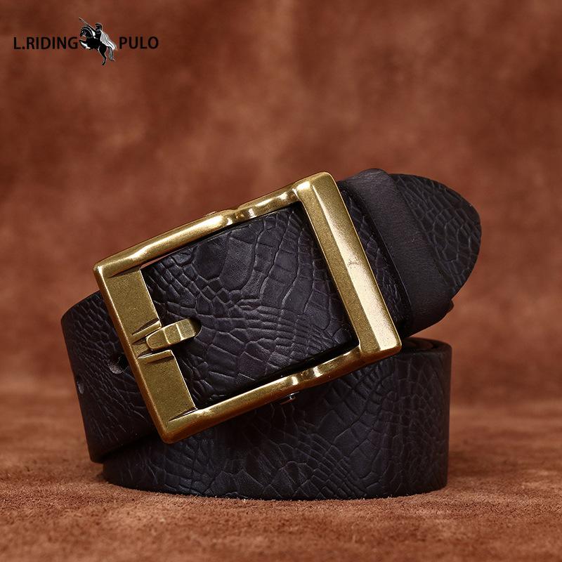 Retro Printed Genuine Leather Cowhide Copper Buckle Belt Trendy All-match Casual Jeans Belt