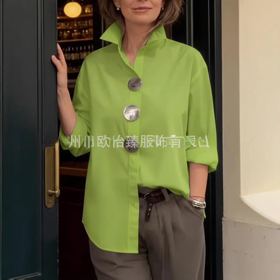 New Spring/Summer Solid Color Stand Collar Metal Button Long Sleeve Shirt