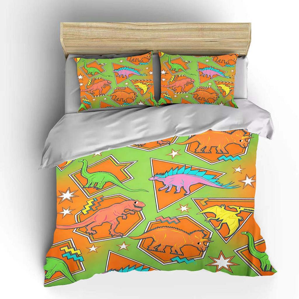 Cartoon Dinosaur Geometric Puzzle Pattern Duvet Cover Set Digital Print Colorful Polyester Bedding with Zipper Closur