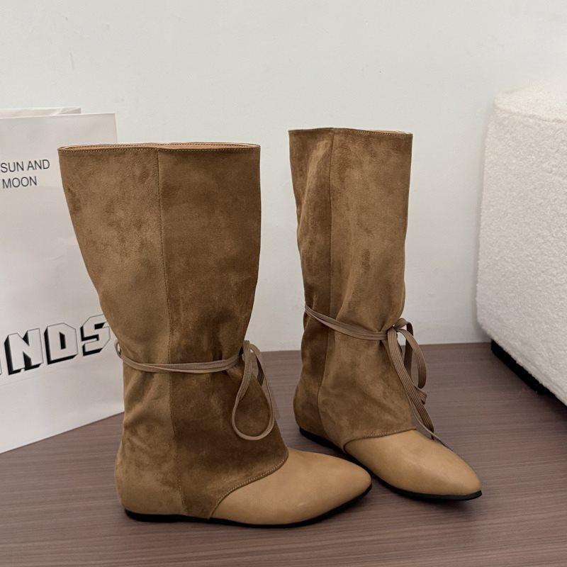 Thick leg pleated design cowboy boots knight boots stacked retro boots boots big tube circumference niche western feeling pointed head