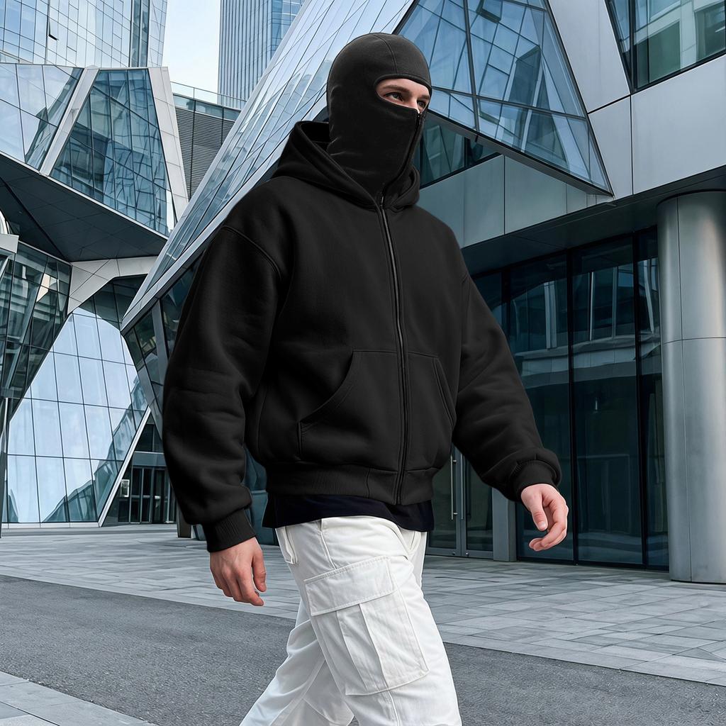 Men's Gothic Double Hooded Zip-Up Hoodie Loose Fit Trendy Streetwear