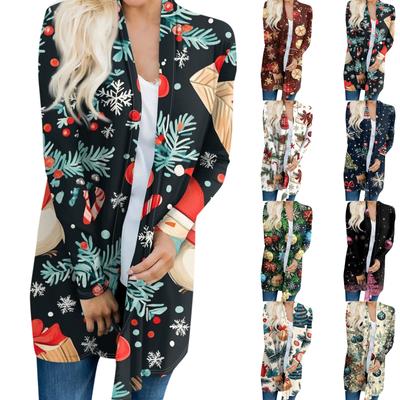 Women's Fashionable And Casual Christmas Printed Mid Length Cardigan Long Sleeved Jacket