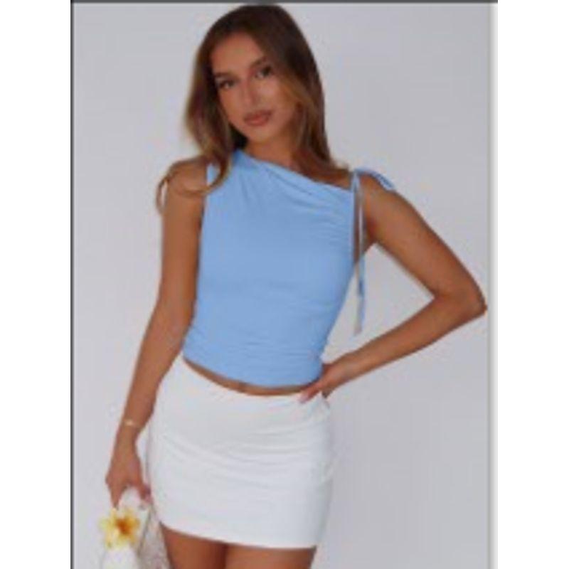 

Gusty Fashion Style Fashion Sexy Diagonal Collar Tied Top Street American Silm T-shirt Sleeveless Pleating Top Fashion Blue S