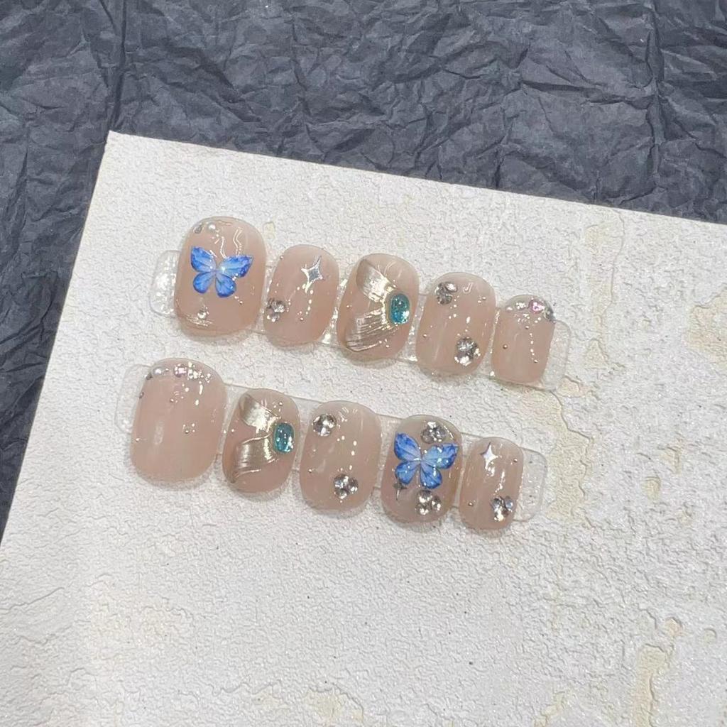 Wearing Armor Handmade Manicure Finished Product Fake Nail Patch Sweet and Cool Hot Girl Dreamy Butterfly Magic Mirror Tassel Short Armor