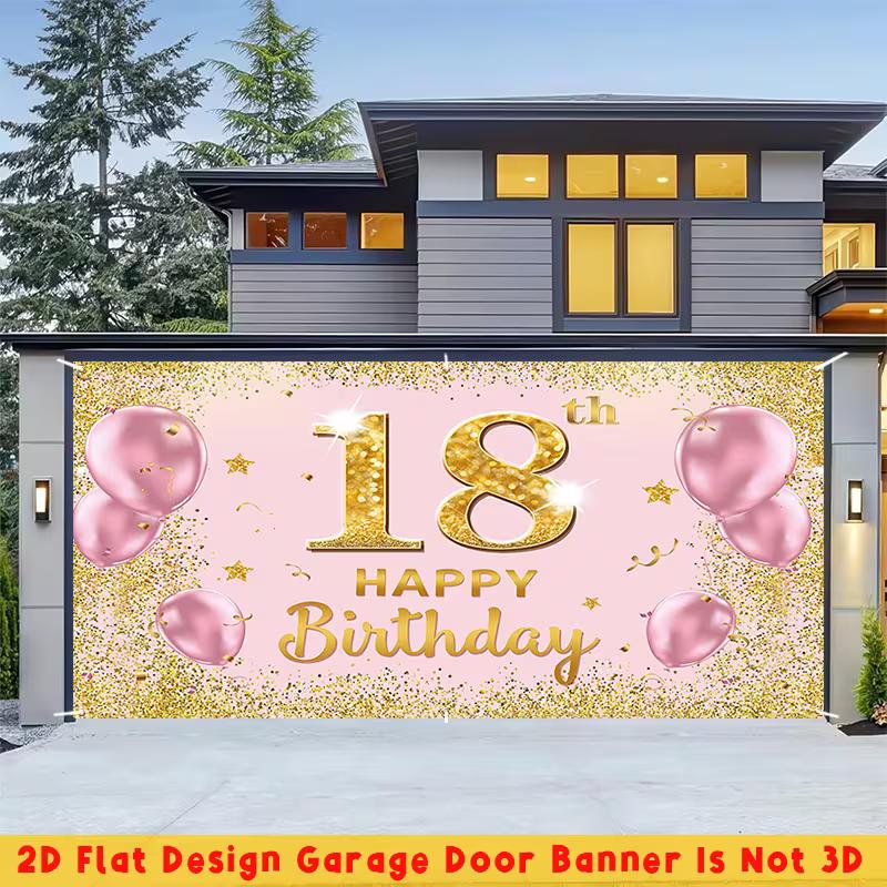 

2D 18th Happy Birthday Garage Door Banner Pink Gold Balloon Background 47.2x31.5inch/120*80cm