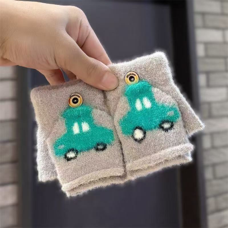 2025 New Children's Gloves Autumn and Winter Flip Baby Cute Cartoon Car Finger Gloves Students Cold
