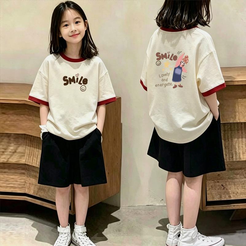 Girls' Stylish Cotton Patchwork Short-Sleeve T-shirt Set for Ages 6-15 - Summer Casual Two-Piece Set