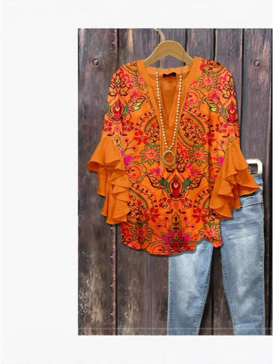 D New Women's Trendy V-neck Floral Print Casual T-shirt with Lotus Leaf Edge