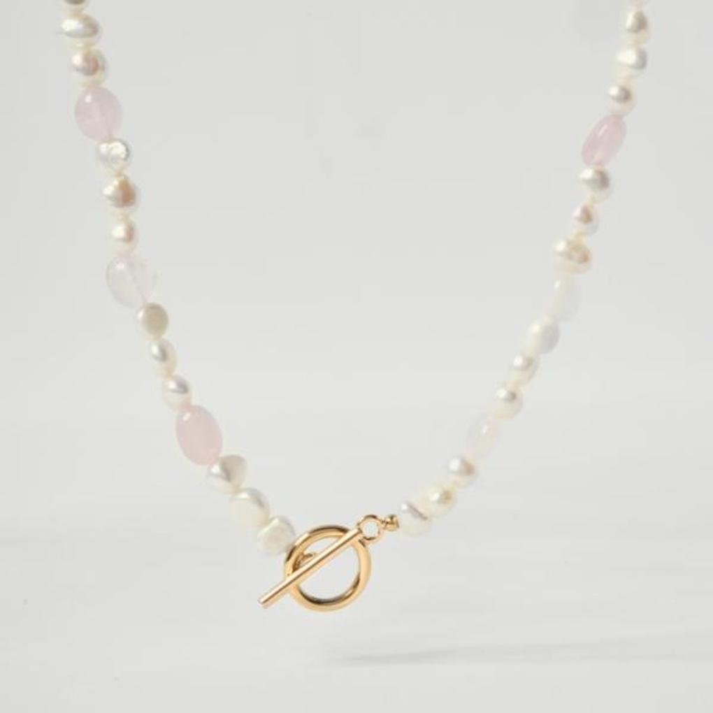 [POPTS] Rose Quartz Pearl Earth Toggle Bar Necklace OTN222512PYW
