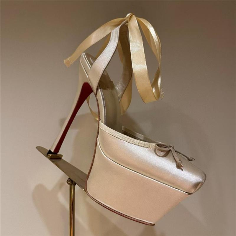 Women Lace-Up High Heeled Shoes for Woman's Square Toe Thin Heels Platform Pumps Mujer Pleated Slingback Wedding Luxury Sandals