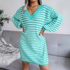 Woolen Hollow Out Stripe Long Sleeve V Neck Dress Autumn Winter Women Loose Knitted