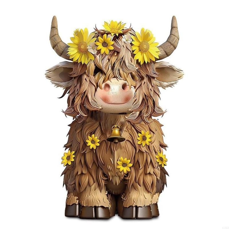 

62KD Handcrafted Resins Flower High Land Cattle Figurine Decoration Spring Ornament
