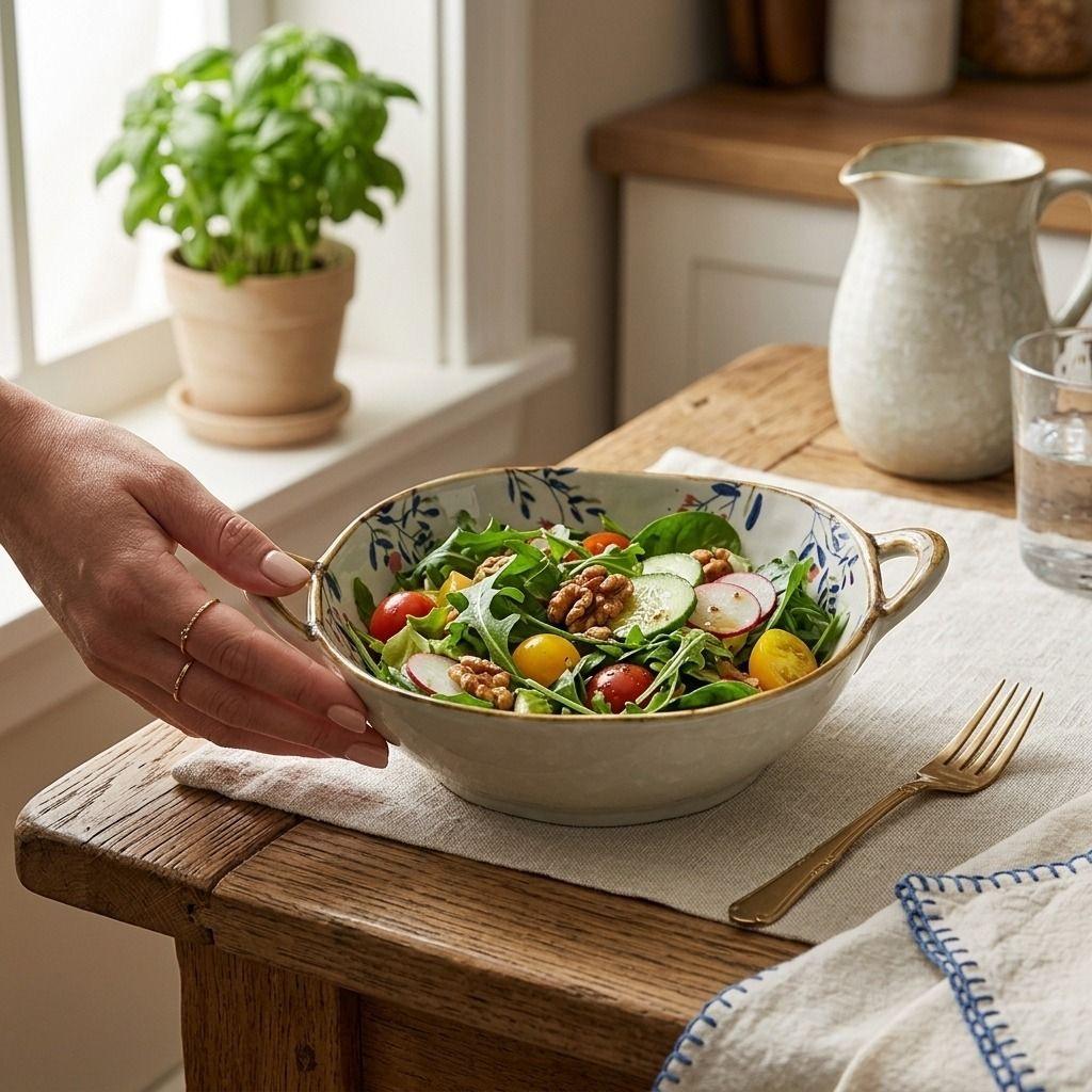 Japanese Irregular Ceramic Bowl with Double Handles, Soup Noodle Salad Fruit Serving Bowl for Home Tableware