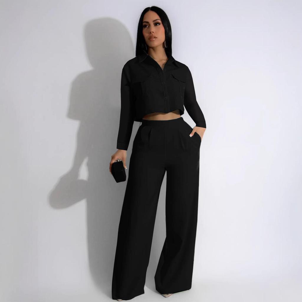 TW584 Women's Autumn Fashion Lapel Long Sleeve High Waist Wide Leg Pants Elegant Suit