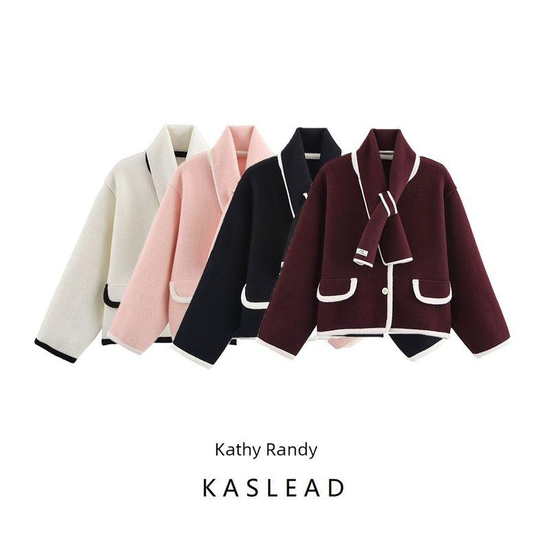 Kaslead New Arrival Women's Clothing Fashion Style Stylish Simple and Versatile Contrast Color Scarf Knitting Outwear