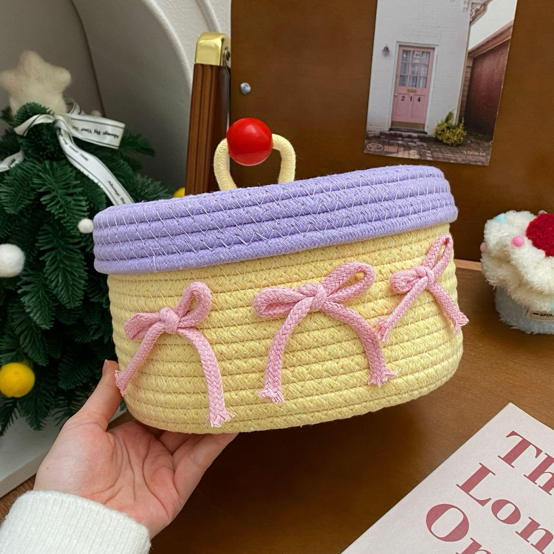 

Cute cotton thread weaving storage basket home with lid miscellaneous storage basket desktop dust-proof ornament storage basket