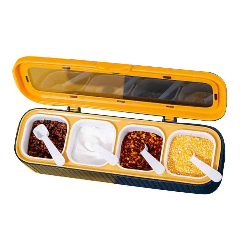 Gewürzaufbewahrungsbox Versiegelt 4 Fächer Gewürzbehälter Set Haushaltsaufbewahrungsbehälter Gewürzgläser mit Löffel