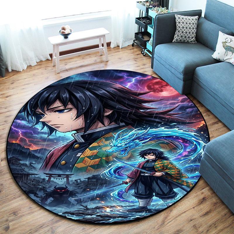 Classic Japanese-style Cartoon Demon Slayer Round Rug, Home Soft Decorative Anti-slip Yoga Mat and Chair Mat, Outdoor Floor Mat Carpet K27