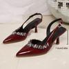 Fashion Crystal Decoration Wine Red Sandals Pointed Toe Sling Back Pumps Women 2025 Summer Patent Leather Thin High Heels Shoes Woman