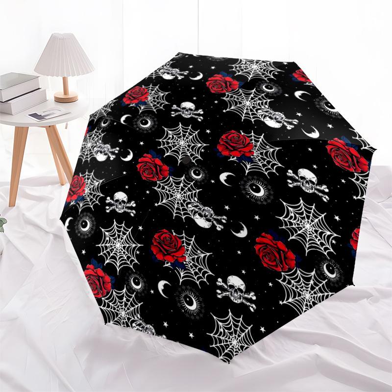 1pc Gothic Roses and Skulls Pattern Umbrella with Plastic Handle,Suitable for All Seasons Home Travel Outdoor UmbrellaDD1803